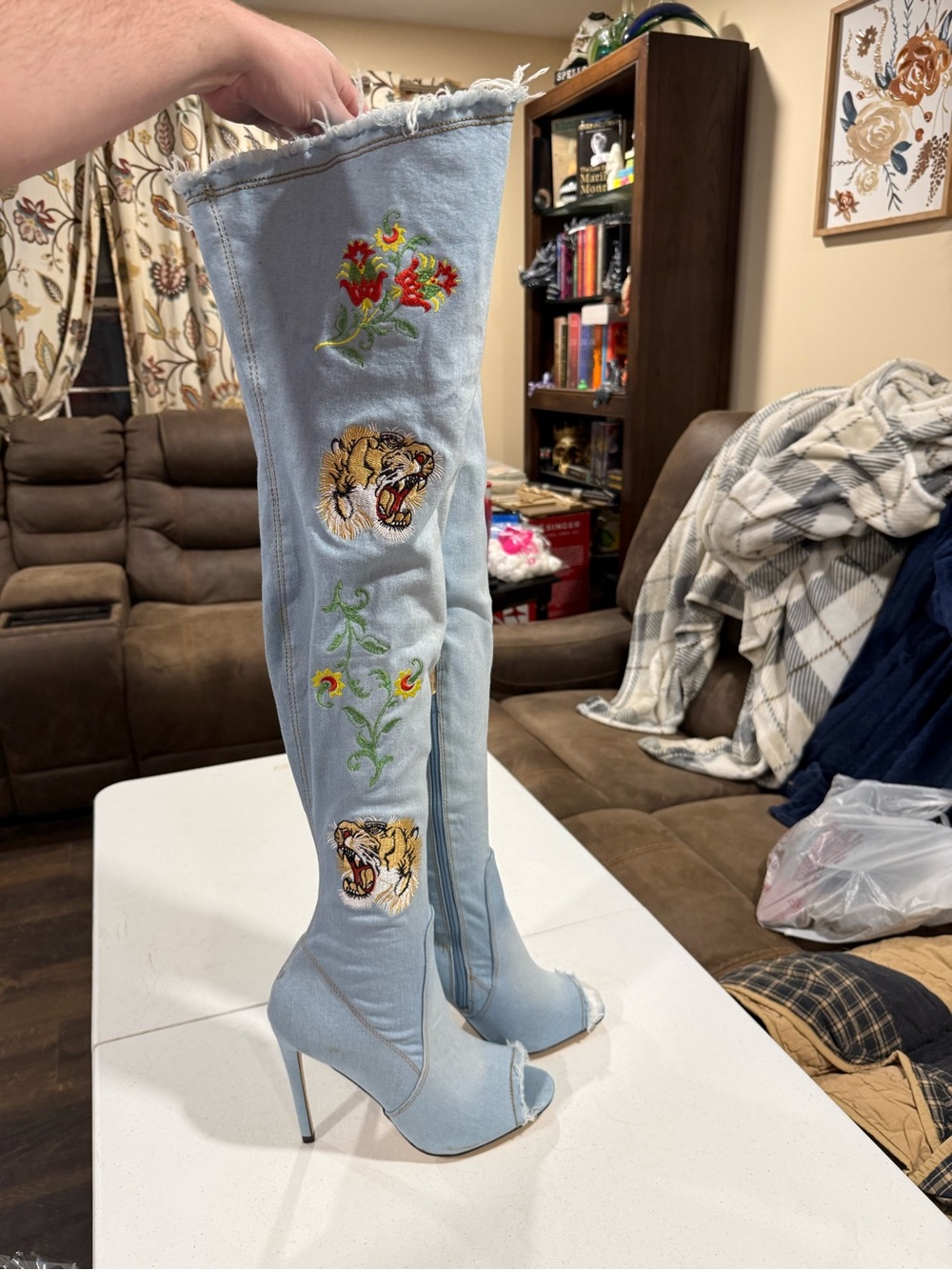 Cape Robbin Light Blue Embroidered Denim Over-the-Knee Stiletto Boots